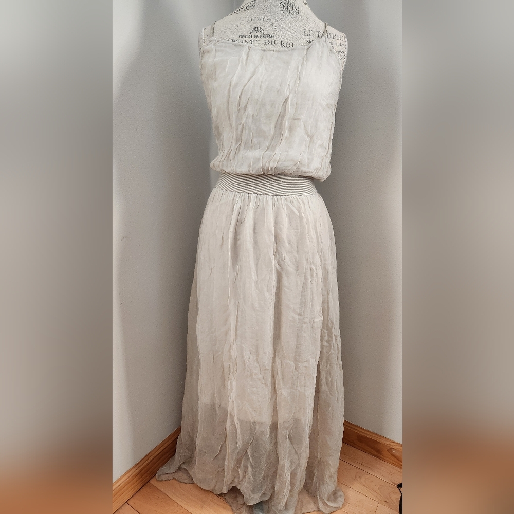 Italian made long spaghetti straps flowy smocked dress in light grey ONE SIZE